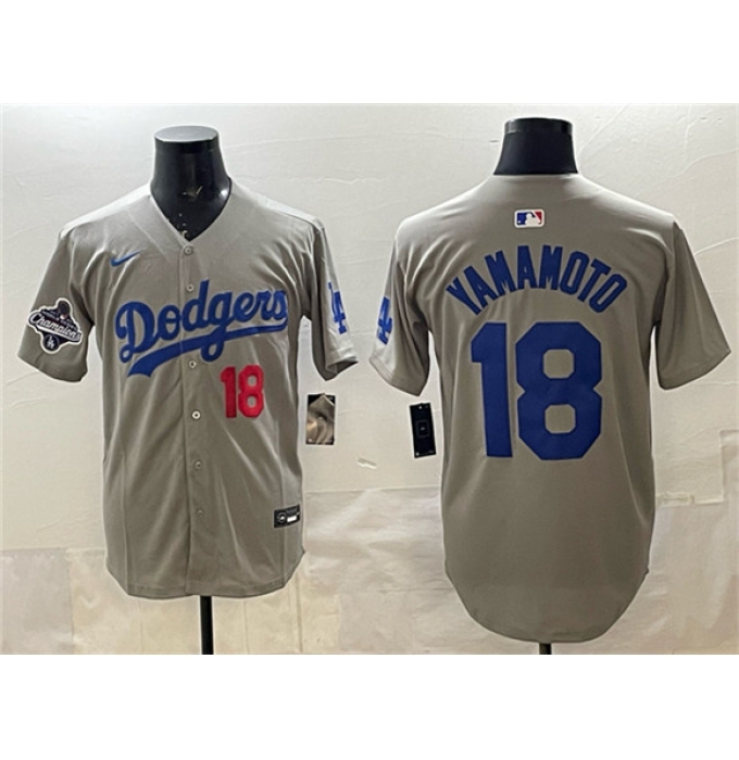 Men's Los Angeles Dodgers #18 Yoshinobu Yamamoto Gray 2025 World Series Champions Stitched Baseball Jersey