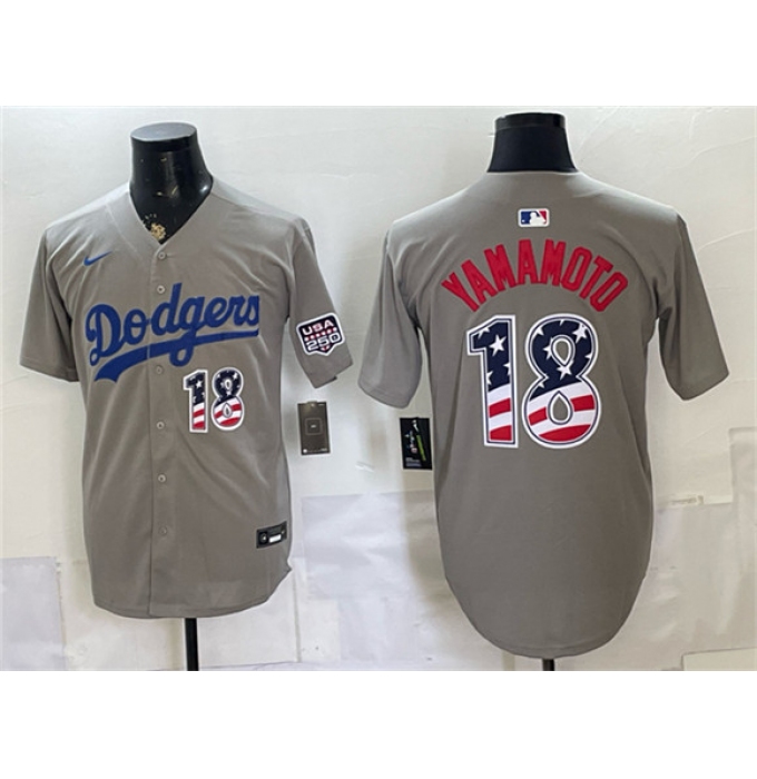 Men's Los Angeles Dodgers #18 Yoshinobu Yamamoto Gray USA 250 Fourth of July Stitched Baseball Jersey