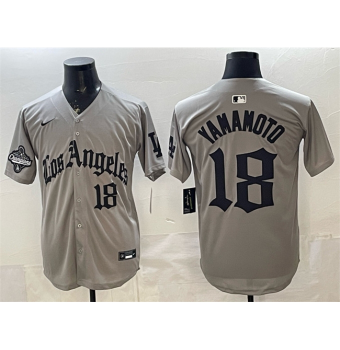 Men's Los Angeles Dodgers #18 Yoshinobu Yamamoto Grey LA Gothic Style With 2025 World Series Champions Limited Stitched Baseball Jersey