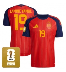 Men's Spain Team #19 Lamine Yamal Red 2026 World Cup Home Soccer Jersey