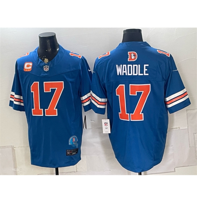 Men's Denver Broncos #17 Jaylen Waddle Blue F.U.S.E. With 2-Star C Throwback Vapor Limited Football Stitched Jersey