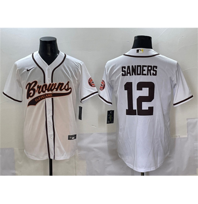 Men's Cleveland Browns #12 Shedeur Sanders White With Cool Base Stitched Baseball Jersey