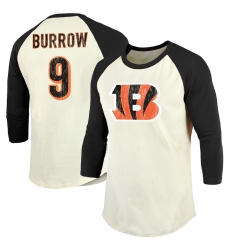 Men's Cincinnati Bengals #9 Joe Burrow Majestic Threads Cream Black Vintage Inspired 3 4 Sleeve Name & Number T-Shirt.webp