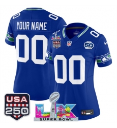 Women's Seattle Seahawks Active Player Custom Royal 2025 F.U.S.E. Super Bowl LX Patch And 50th Season & USA 250' Patch Vapor Throwback Limited Stitched Foo