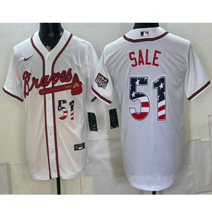 Men's Atlanta Braves #51 Chris Sale White USA 250 Fourth of July Home Stadium Stitched Jersey