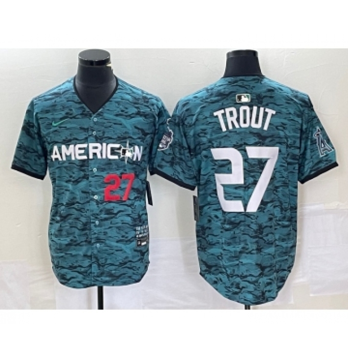 Men's Nike Los Angeles Angels #27 Mike Trout Number Teal 2023 All Star Cool Base Stitched Jersey