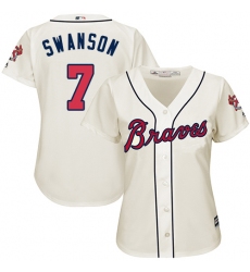 Women's Majestic Atlanta Braves #7 Dansby Swanson Authentic Cream Alternate 2 Cool Base MLB Jersey