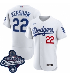 Men's Los Angeles Dodgers 22 Clayton Kershaw Cool Base 2025 World Champions Stitched Baseball Jersey White