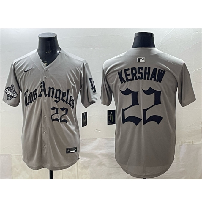 Men's Los Angeles Dodgers #22 Clayton Kershaw Grey LA Gothic Style With 2025 World Series Champions Limited Stitched Baseball Jersey