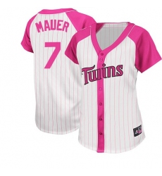 Women's Majestic Minnesota Twins #7 Joe Mauer Replica White/Pink Splash Fashion MLB Jersey