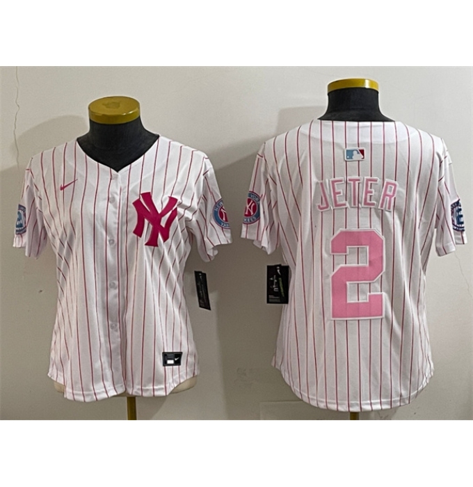 Youth New York Yankees #2 Derek Jeter White Pink Pinstripe Limited Stitched Baseball Jersey