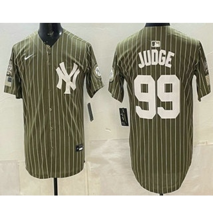 Men's New York Yankees #99 Aaron Judge Olive Pinstripe 2026 Armed Forces Day Salute To Service Jersey