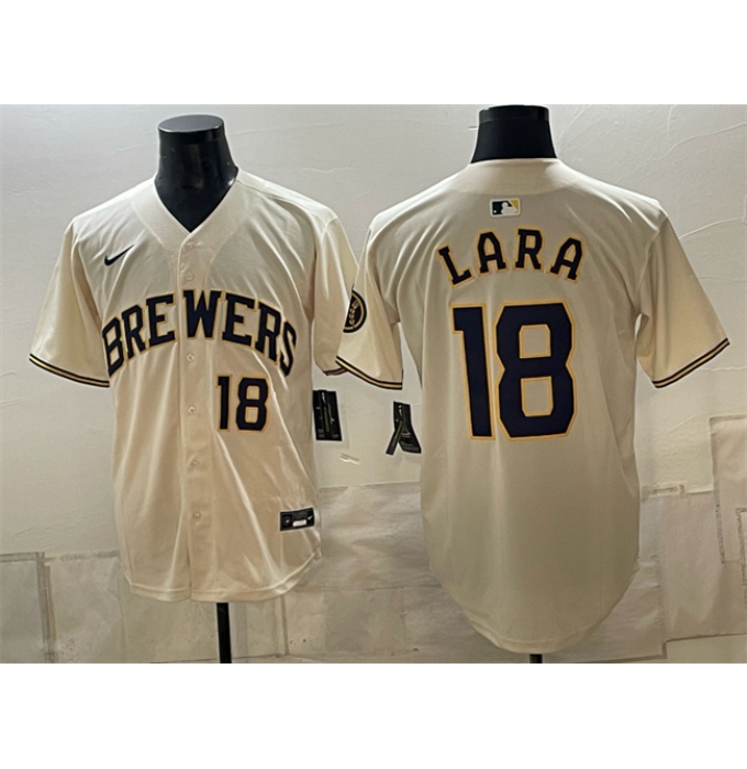 Men's Milwaukee Brewers #18 Luis Lara Cream Stitched Baseball Jersey
