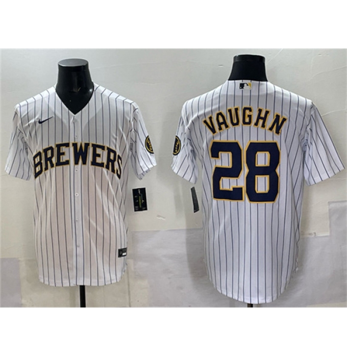 Men's Milwaukee Brewers #28 Andrew Vaughn White Pinstripe 2025 With Stitched Baseball Jersey