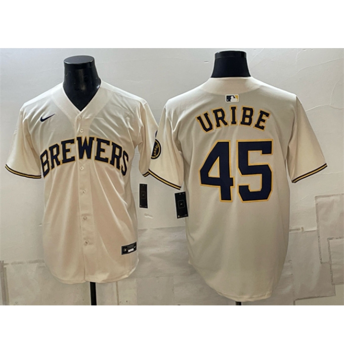 Men's Milwaukee Brewers #45 Abner Uribe Cream Stitched Baseball Jersey