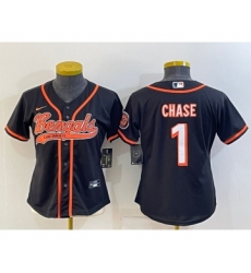 Women's Cincinnati Bengals #1 JaMarr Chase Black With Patch Cool Base Stitched Baseball Jersey