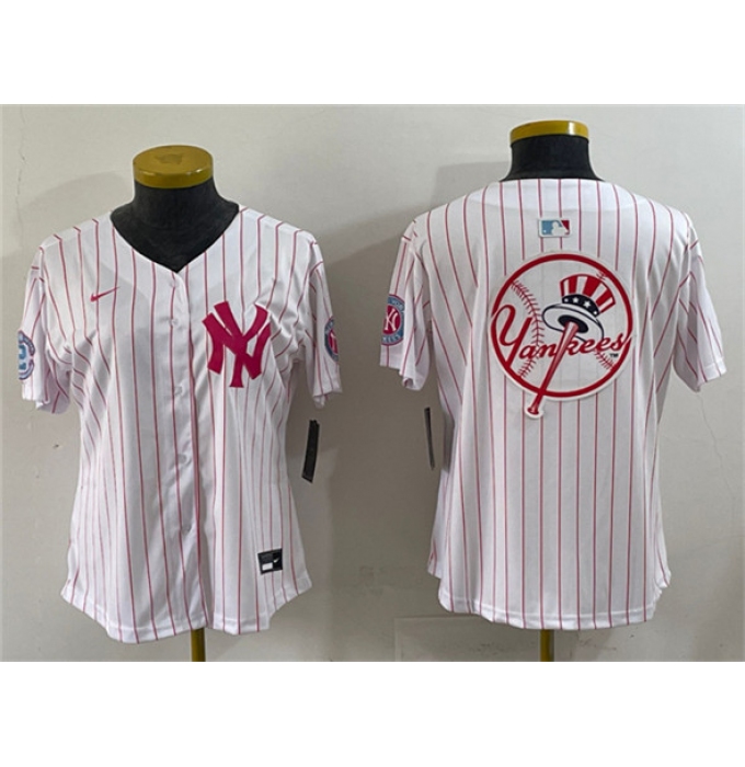 Youth New York Yankees Team Big Logo White Pink Pinstripe Limited Stitched Baseball Jersey