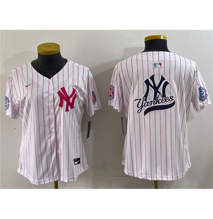 Youth New York Yankees Team Big Logo White Pink Pinstripe Limited Stitched Baseball Jerseys