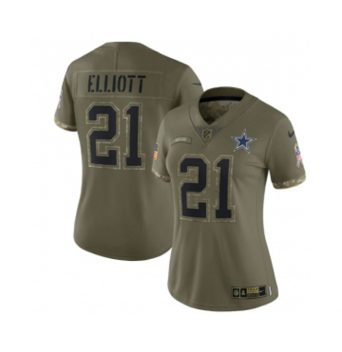 Women's Nike Dallas Cowboys #21 Ezekiel Elliott 2022 Olive Salute To Service Limited Stitched Jersey