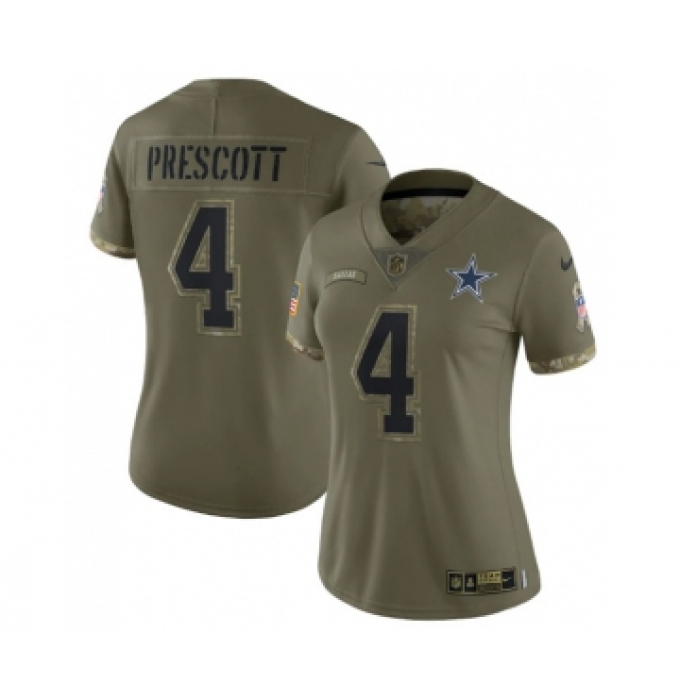 Women's Nike Dallas Cowboys #4 Dak Prescott 2022 Olive Salute To Service Limited Stitched Jersey