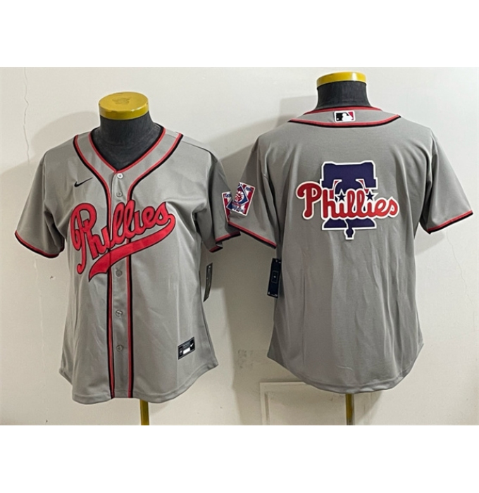 Women's Philadelphia Phillies Team Big Logo Gray 2026 Field of Dreams Stadium Stitched Baseball Jersey(Run Small)
