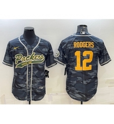 Men's Green Bay Packers #12 Aaron Rodgers Grey Gold Camo With Patch Cool Base Stitched Baseball Jersey
